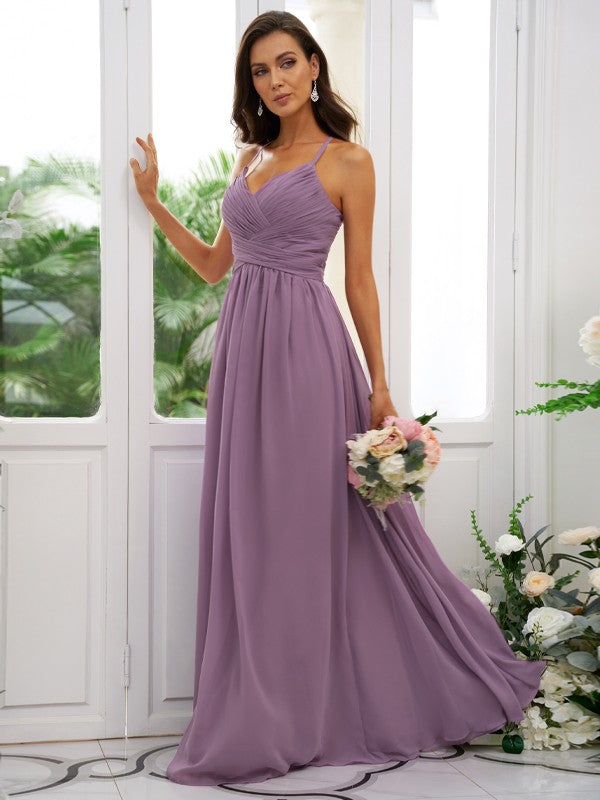 A-Line/Princess Chiffon Ruched V-neck Sleeveless Floor-Length Bridesmaid Dresses