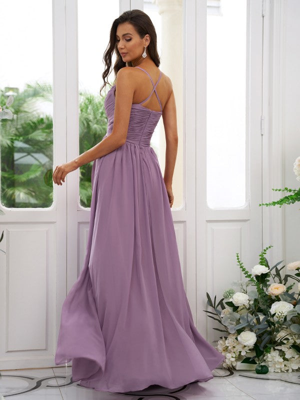 A-Line/Princess Chiffon Ruched V-neck Sleeveless Floor-Length Bridesmaid Dresses