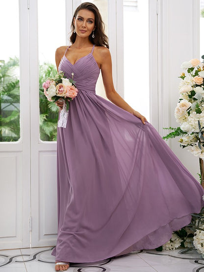 A-Line/Princess Chiffon Ruched V-neck Sleeveless Floor-Length Bridesmaid Dresses