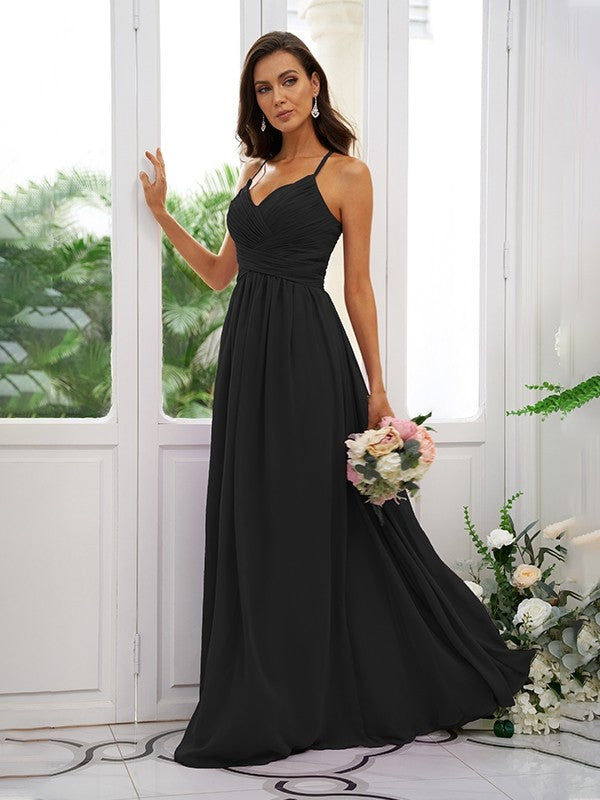 A-Line/Princess Chiffon Ruched V-neck Sleeveless Floor-Length Bridesmaid Dresses