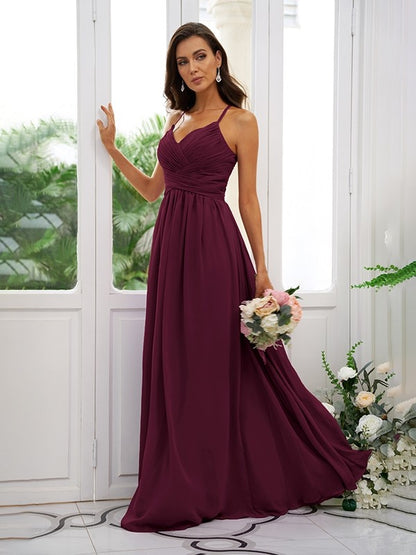 A-Line/Princess Chiffon Ruched V-neck Sleeveless Floor-Length Bridesmaid Dresses