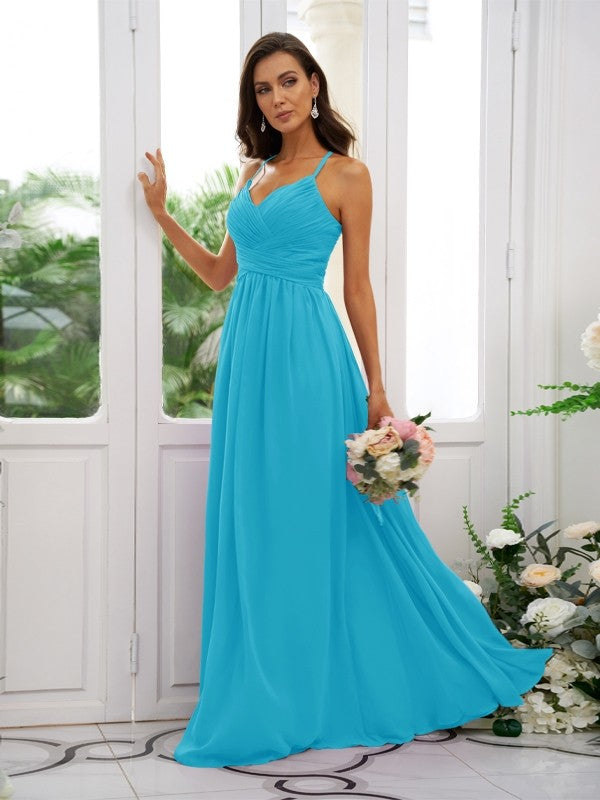 A-Line/Princess Chiffon Ruched V-neck Sleeveless Floor-Length Bridesmaid Dresses