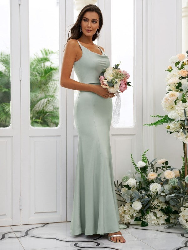 Sheath/Column Charmeuse Ruffles Square Sleeveless Floor-Length Bridesmaid Dresses