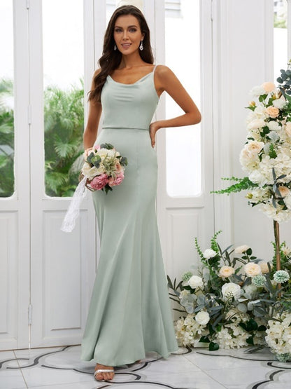 Sheath/Column Charmeuse Ruffles Square Sleeveless Floor-Length Bridesmaid Dresses