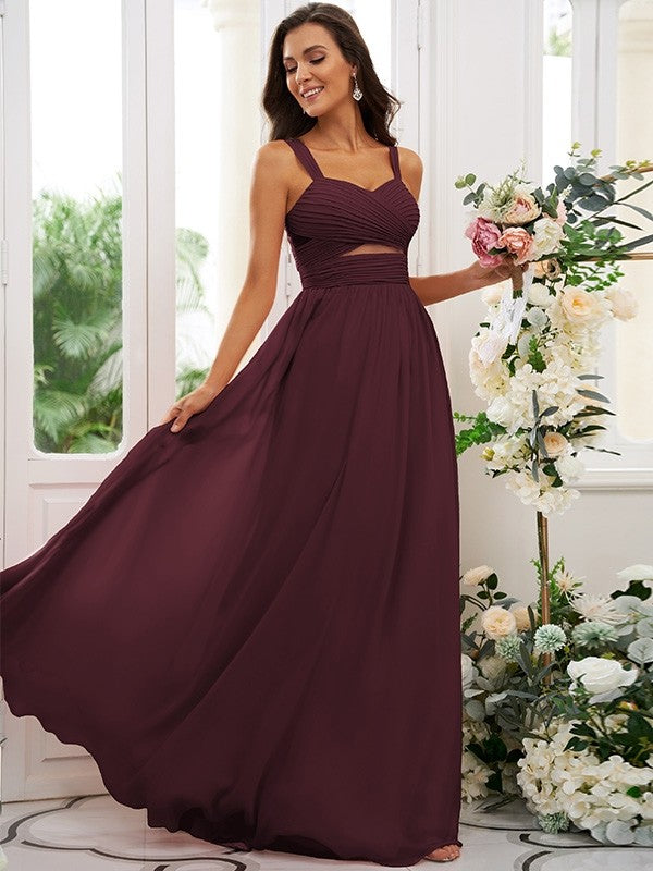 A-Line/Princess Chiffon Ruched Straps Sleeveless Floor-Length Bridesmaid Dresses