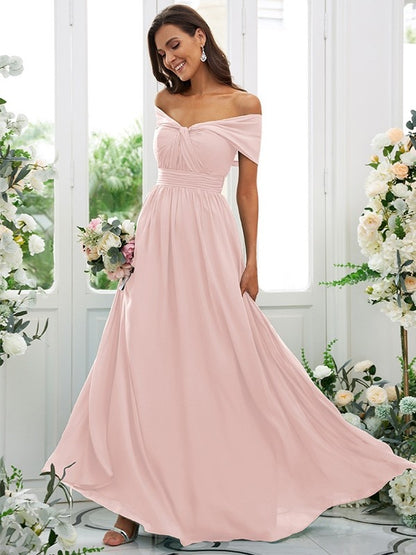 A-Line/Princess Chiffon Ruched Off-the-Shoulder Sleeveless Floor-Length Bridesmaid Dresses