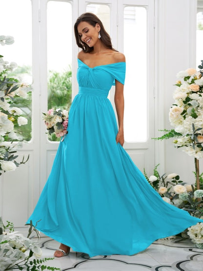 A-Line/Princess Chiffon Ruched Off-the-Shoulder Sleeveless Floor-Length Bridesmaid Dresses