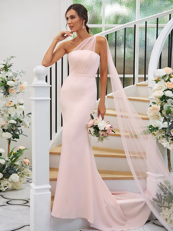 Sheath/Column Stretch Crepe Ruched One-Shoulder Sleeveless Sweep/Brush Train Bridesmaid Dresses