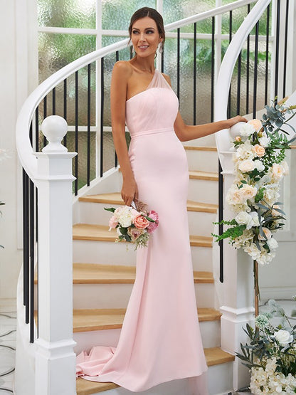 Sheath/Column Stretch Crepe Ruched One-Shoulder Sleeveless Sweep/Brush Train Bridesmaid Dresses