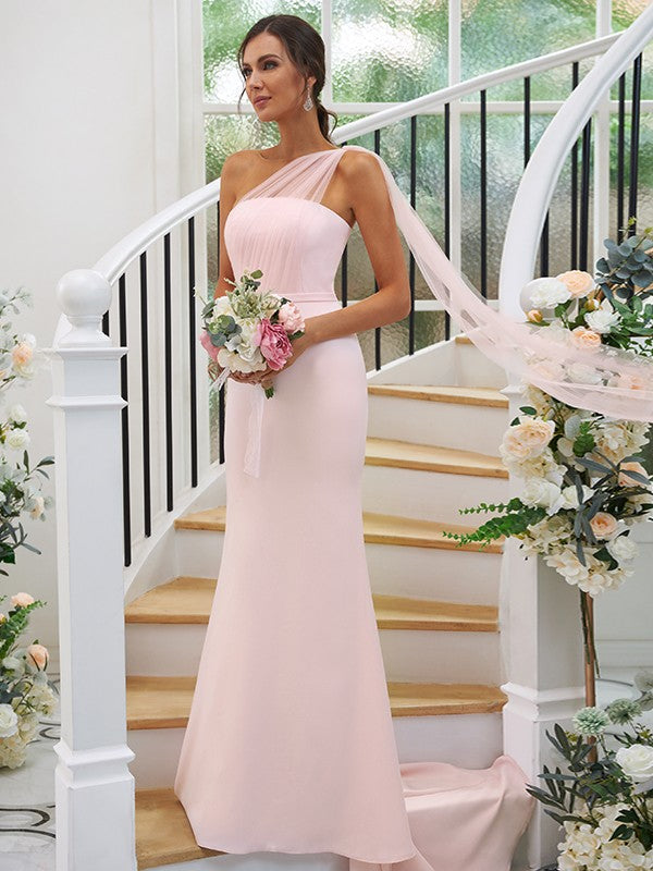 Sheath/Column Stretch Crepe Ruched One-Shoulder Sleeveless Sweep/Brush Train Bridesmaid Dresses