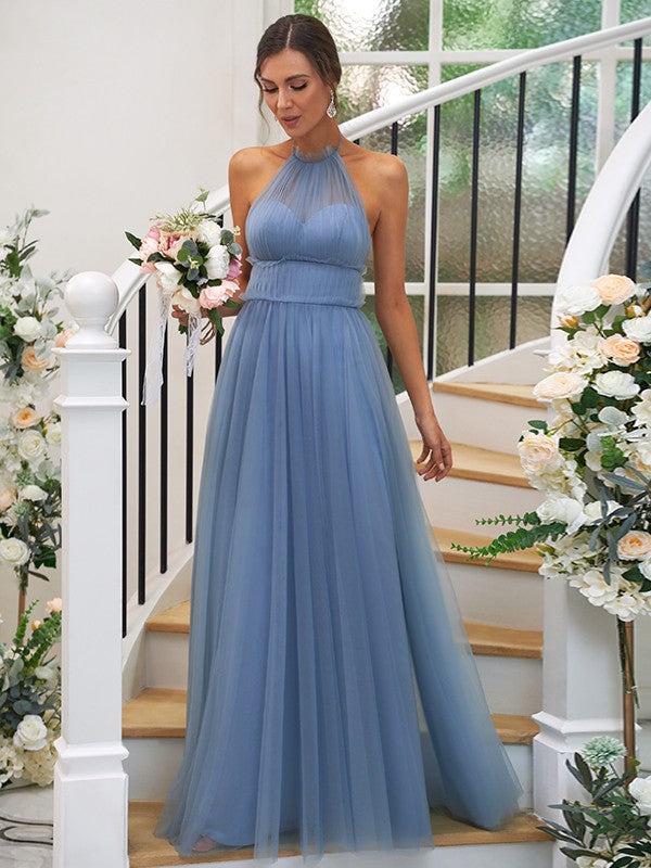 A-Line/Princess Tulle Ruched Halter Sleeveless Floor-Length Bridesmaid Dresses