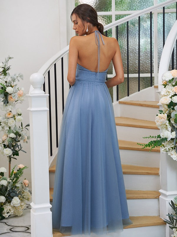 A-Line/Princess Tulle Ruched Halter Sleeveless Floor-Length Bridesmaid Dresses