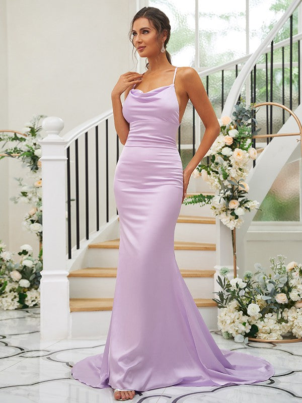 Sheath/Column Ruched Square Sleeveless Sweep/Brush Train Bridesmaid Dresses