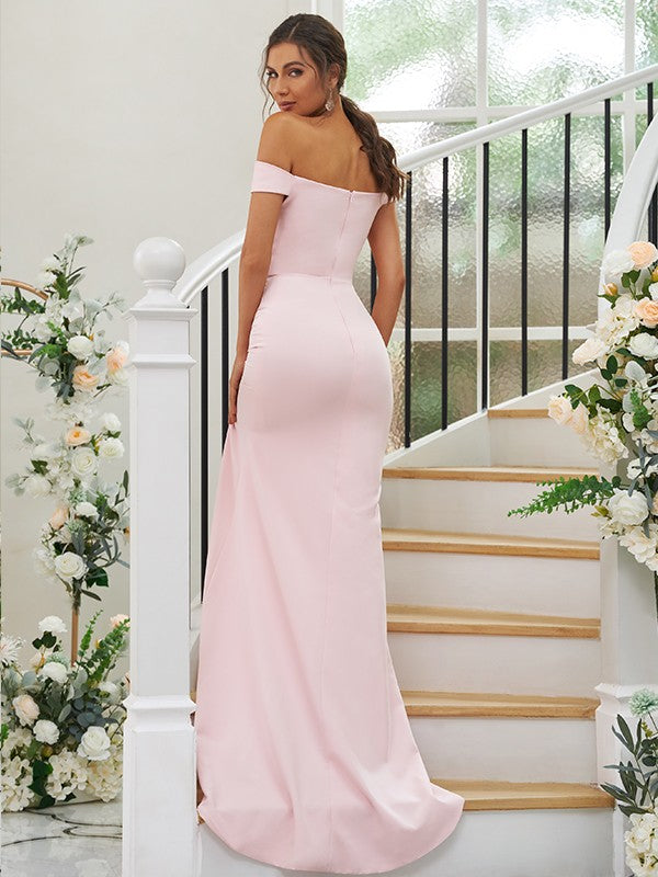 Sheath/Column Stretch Crepe Ruched Off-the-Shoulder Sleeveless Sweep/Brush Train Bridesmaid Dresses