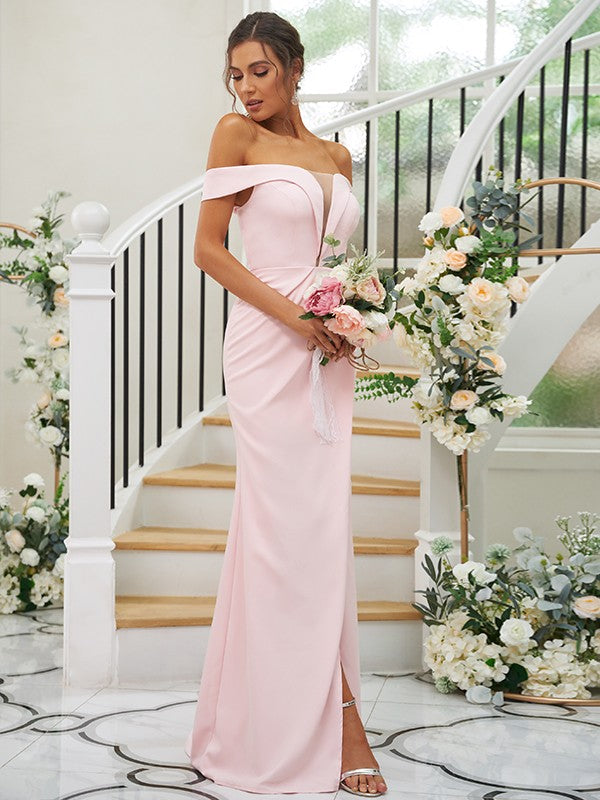 Sheath/Column Stretch Crepe Ruched Off-the-Shoulder Sleeveless Sweep/Brush Train Bridesmaid Dresses