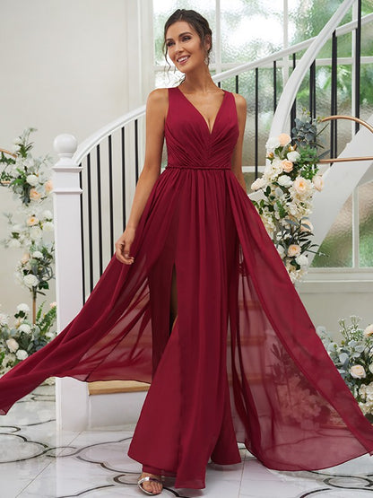 A-Line/Princess Chiffon Ruffles V-neck Sleeveless Floor-Length Bridesmaid Dresses