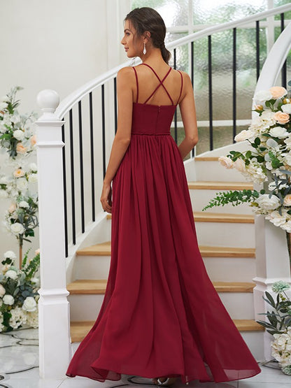 A-Line/Princess Chiffon Ruffles V-neck Sleeveless Floor-Length Bridesmaid Dresses