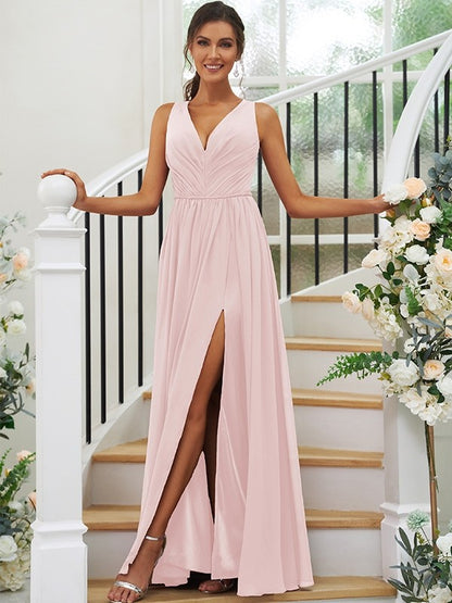 A-Line/Princess Chiffon Ruffles V-neck Sleeveless Floor-Length Bridesmaid Dresses