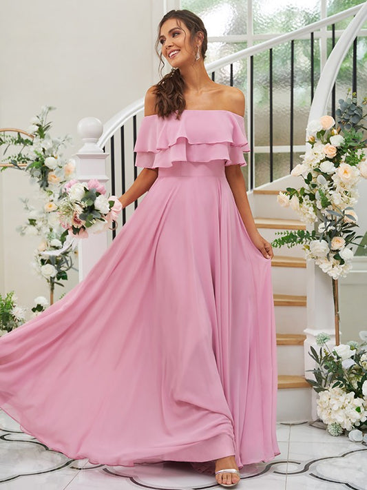 A-Line/Princess Chiffon Ruffles Off-the-Shoulder Sleeveless Floor-Length Bridesmaid Dresses