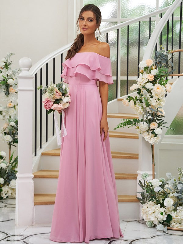 A-Line/Princess Chiffon Ruffles Off-the-Shoulder Sleeveless Floor-Length Bridesmaid Dresses