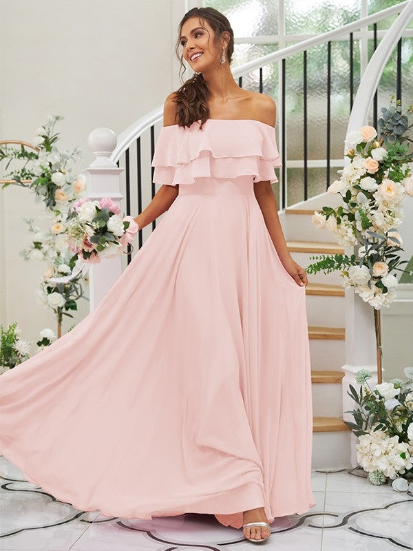 A-Line/Princess Chiffon Ruffles Off-the-Shoulder Sleeveless Floor-Length Bridesmaid Dresses