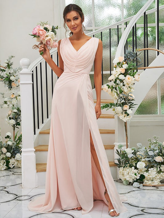 A-Line/Princess Chiffon Ruched V-neck Sleeveless Sweep/Brush Train Bridesmaid Dresses