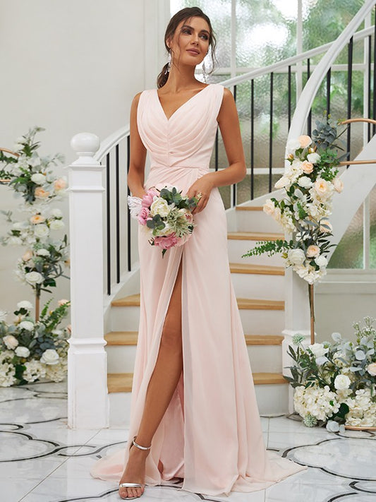 A-Line/Princess Chiffon Ruched V-neck Sleeveless Sweep/Brush Train Bridesmaid Dresses