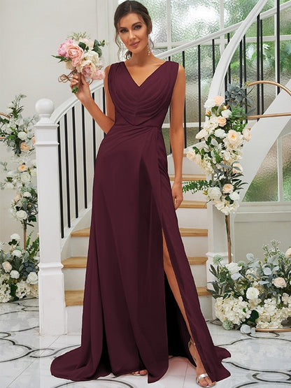 A-Line/Princess Chiffon Ruched V-neck Sleeveless Sweep/Brush Train Bridesmaid Dresses