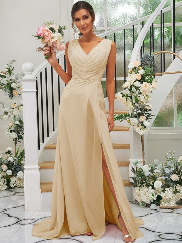 A-Line/Princess Chiffon Ruched V-neck Sleeveless Sweep/Brush Train Bridesmaid Dresses