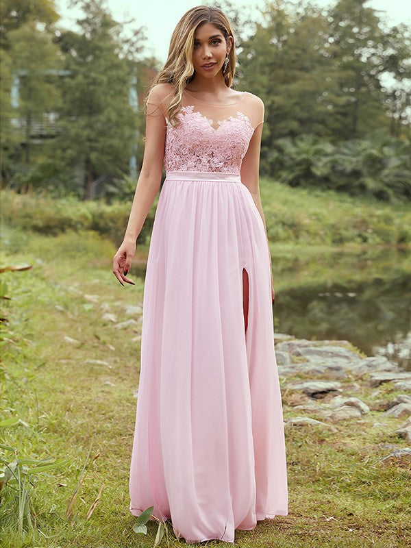 A-Line/Princess Chiffon Applique Scoop Short Sleeves Floor-Length Bridesmaid Dresses