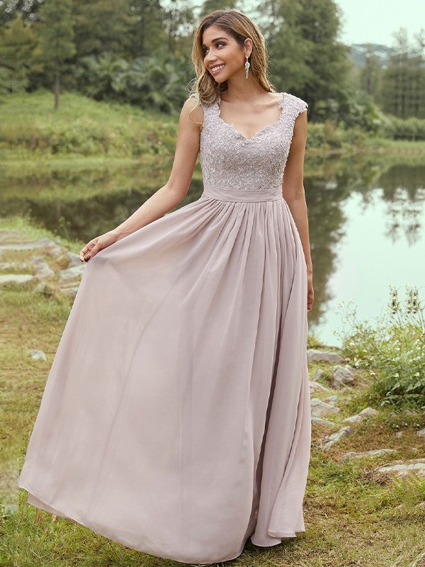 A-Line/Princess Chiffon Applique Sweetheart Sleeveless Floor-Length Bridesmaid Dresses