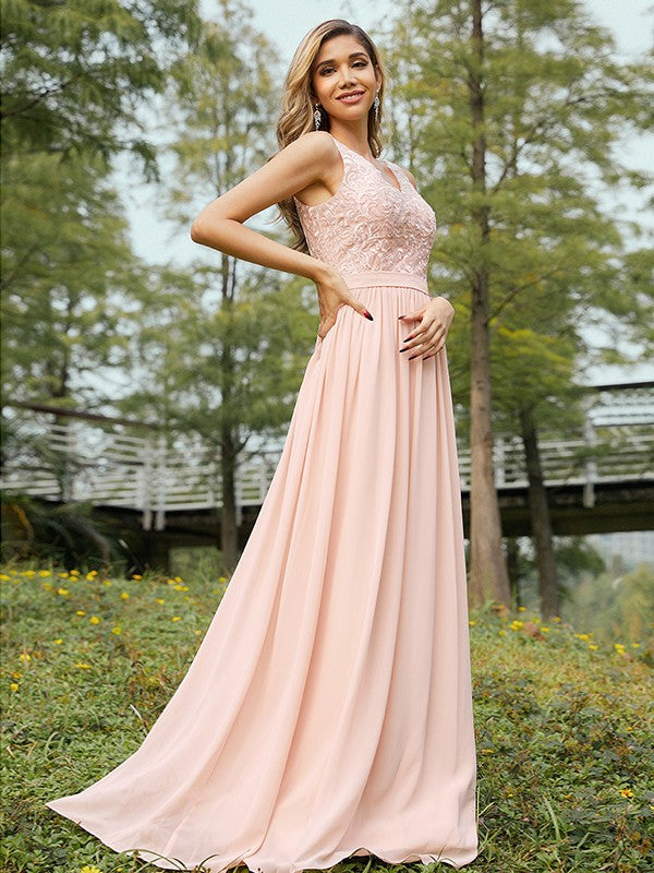 A-Line/Princess Chiffon Lace V-neck Sleeveless Floor-Length Bridesmaid Dresses