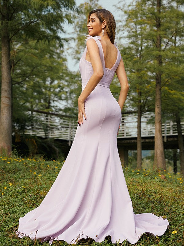 Trumpet/Mermaid Stretch Crepe Ruched V-neck Sleeveless Sweep/Brush Train Bridesmaid Dresses