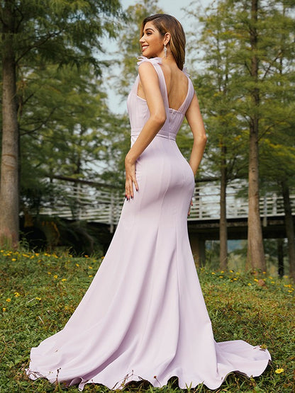 Trumpet/Mermaid Stretch Crepe Ruched V-neck Sleeveless Sweep/Brush Train Bridesmaid Dresses