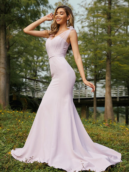 Trumpet/Mermaid Stretch Crepe Ruched V-neck Sleeveless Sweep/Brush Train Bridesmaid Dresses