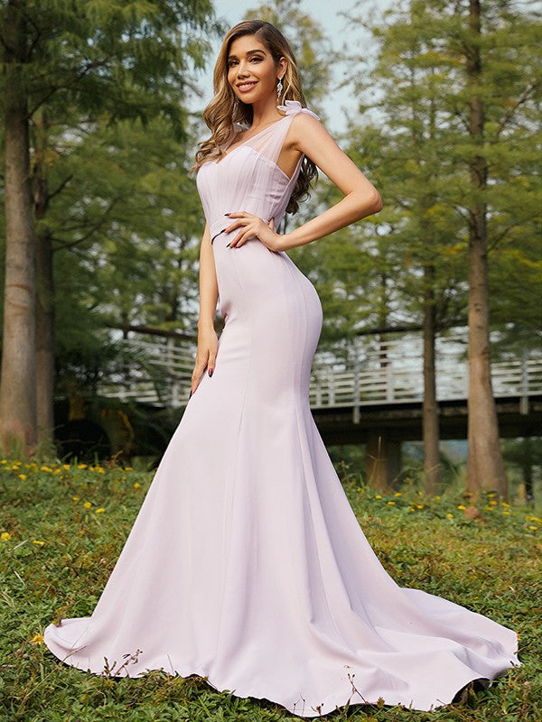 Trumpet/Mermaid Stretch Crepe Ruched V-neck Sleeveless Sweep/Brush Train Bridesmaid Dresses