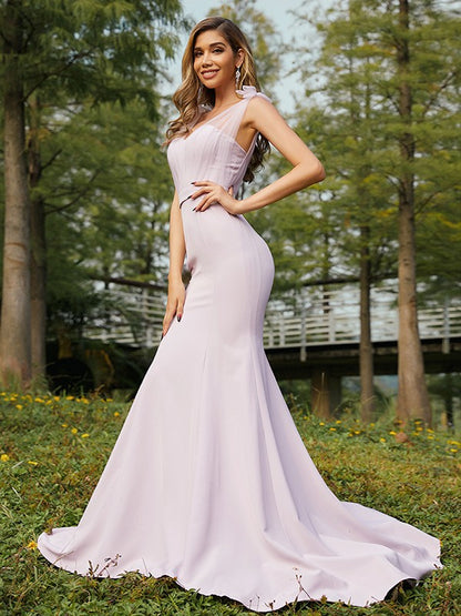 Trumpet/Mermaid Stretch Crepe Ruched V-neck Sleeveless Sweep/Brush Train Bridesmaid Dresses