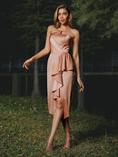 Sheath/Column Charmeuse Ruffles Strapless Sleeveless Tea-Length Bridesmaid Dresses