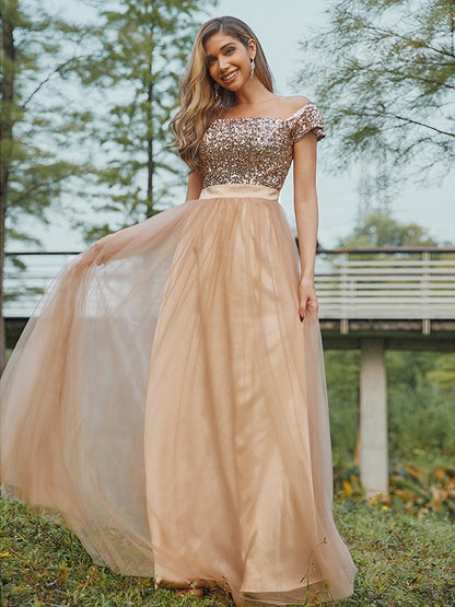 A-Line/Princess Tulle Sequin Off-the-Shoulder Sleeveless Floor-Length Bridesmaid Dresses