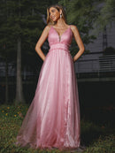 A-Line/Princess Tulle Ruffles V-neck Sleeveless Sweep/Brush Train Bridesmaid Dresses