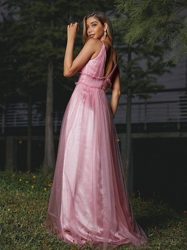 A-Line/Princess Tulle Ruffles V-neck Sleeveless Sweep/Brush Train Bridesmaid Dresses