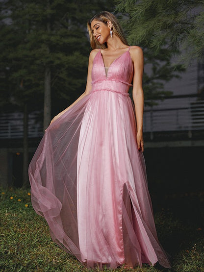 A-Line/Princess Tulle Ruffles V-neck Sleeveless Sweep/Brush Train Bridesmaid Dresses