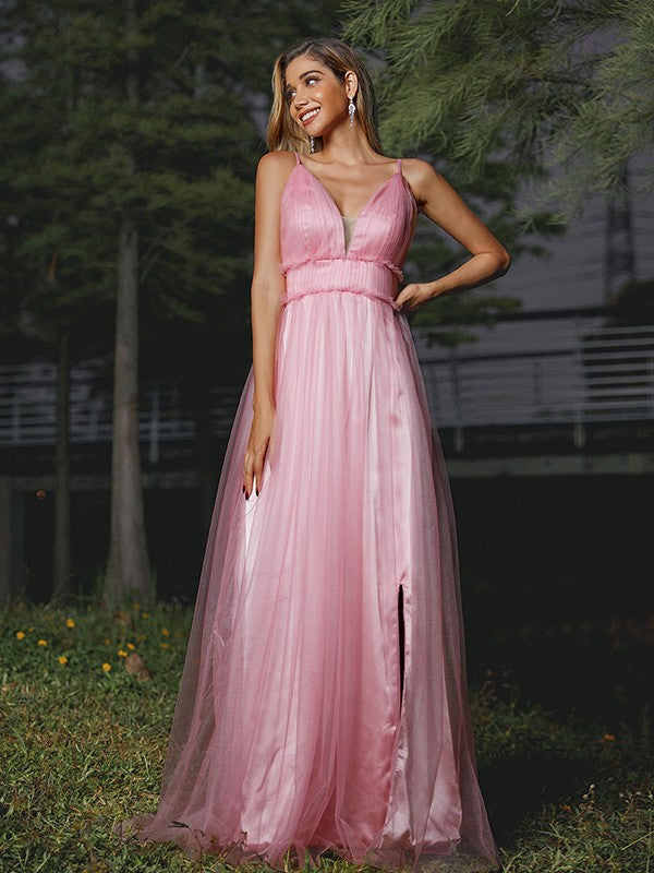 A-Line/Princess Tulle Ruffles V-neck Sleeveless Sweep/Brush Train Bridesmaid Dresses