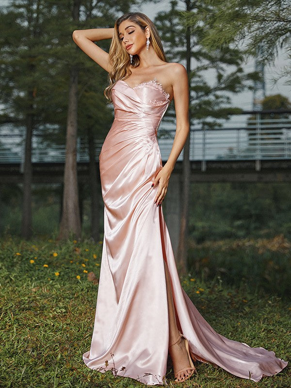 Sheath/Column Silk like Satin Ruched Sweetheart Sleeveless Sweep/Brush Train Bridesmaid Dresses