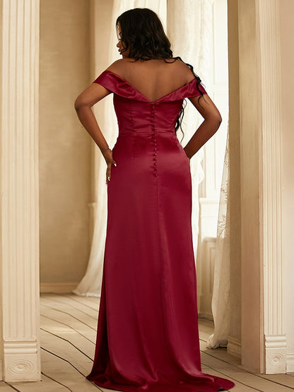 Sheath/Column Satin Ruched Off-the-Shoulder Sleeveless Sweep/Brush Train Bridesmaid Dresses