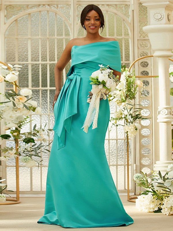 Sheath/Column Satin Ruched One-Shoulder Sleeveless Sweep/Brush Train Bridesmaid Dresses