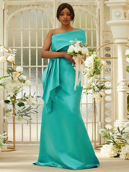 Sheath/Column Satin Ruched One-Shoulder Sleeveless Sweep/Brush Train Bridesmaid Dresses