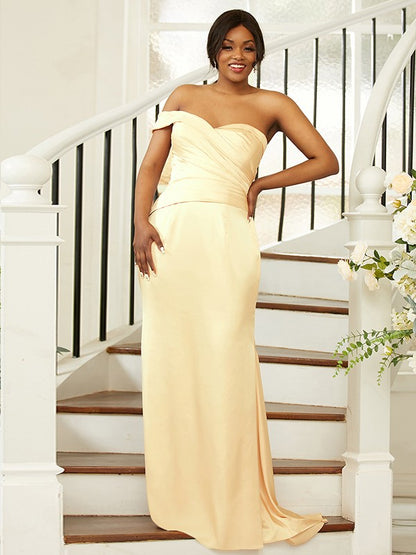 Sheath/Column Ruched One-Shoulder Sleeveless Sweep/Brush Train Bridesmaid Dresses