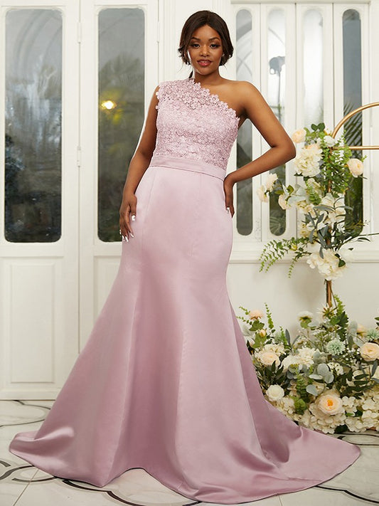 Sheath/Column Satin Lace One-Shoulder Sleeveless Sweep/Brush Train Bridesmaid Dresses