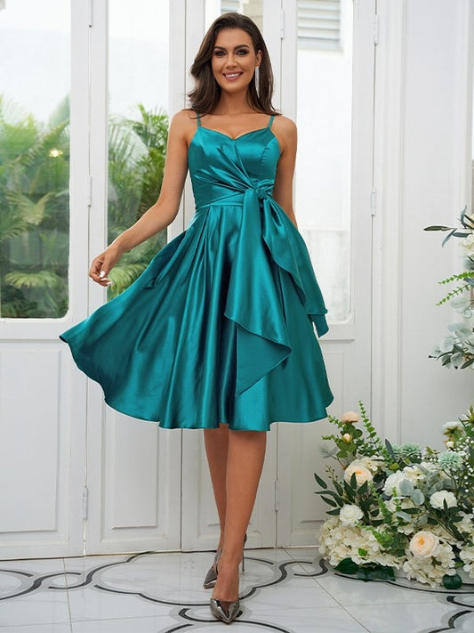 A-Line/Princess  Woven Satin Ruffles Spaghetti Straps Sleeveless Knee-Length Bridesmaid Dresses